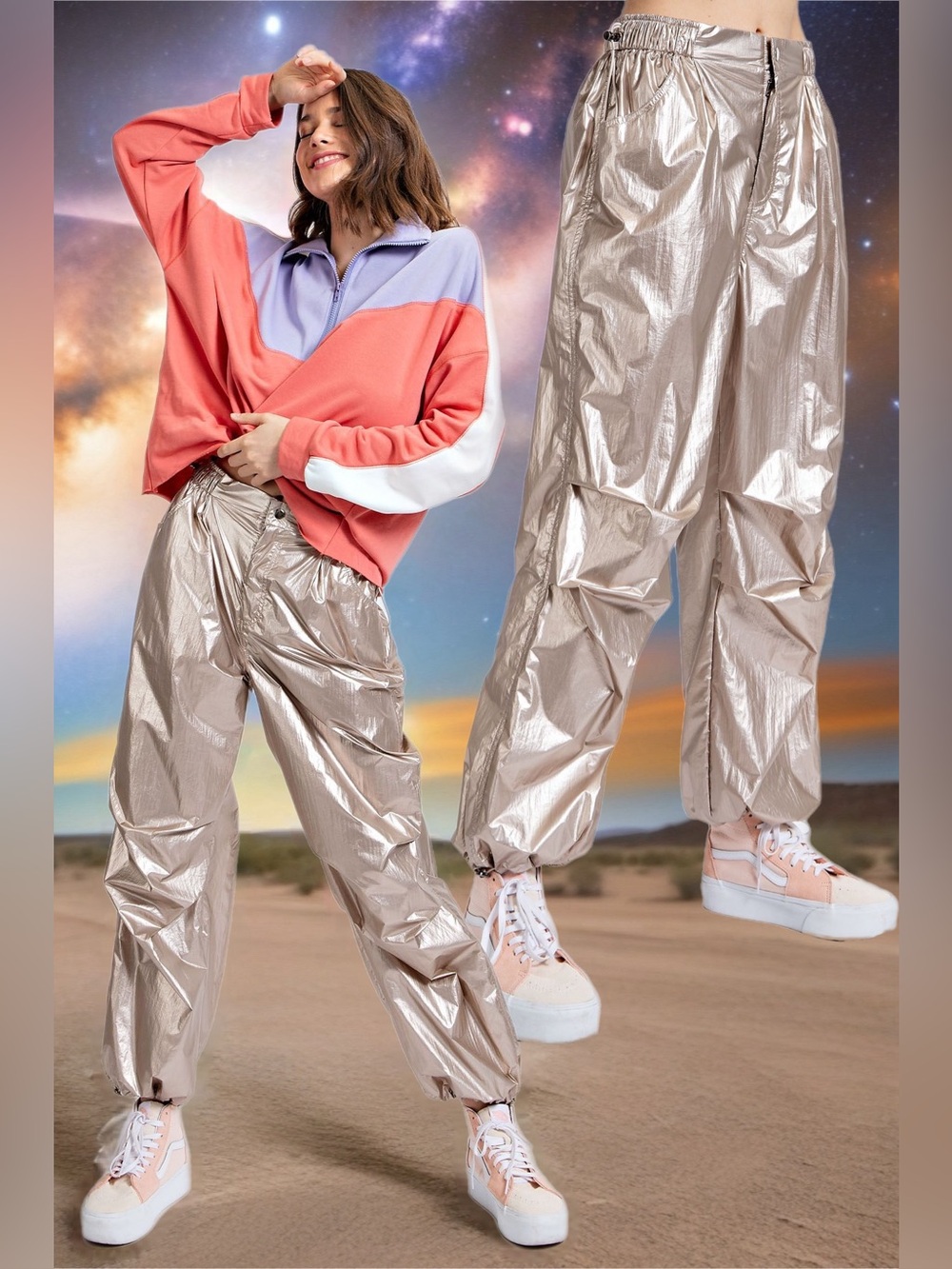 Easel Lumina Slouchy Metallic Parachute Toggle Wide Leg Pant Champagne New Large